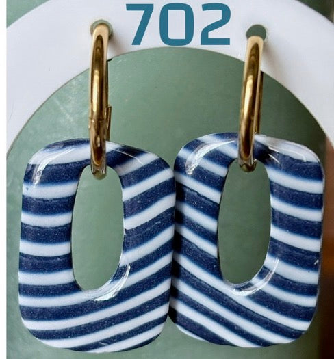 Pampilles Rectangle Rayé Marine – Pâte Polymère & Résine