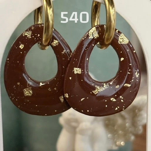 Pampilles Ovale Chocolat & Feuilles d’Or – Pâte Polymère & Résine