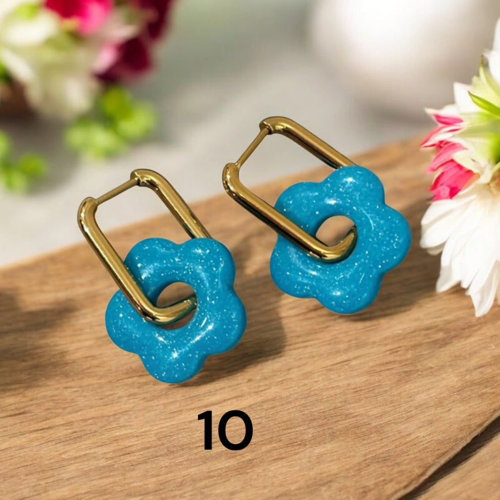 Pampilles Fleur Turquoise Pailleté – Pâte Polymère & Résine
