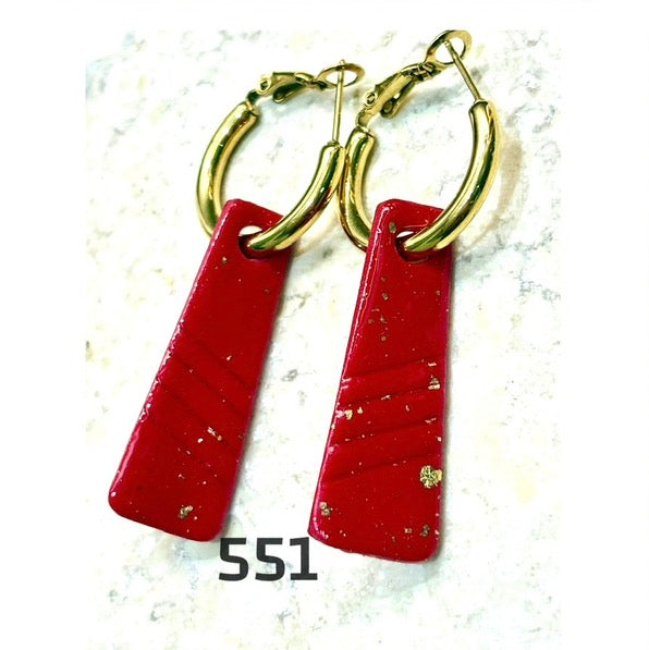 Pampilles Trapèzes Rouge & Feuilles d’Or – Pâte Polymère & Résine | 3,7 cm